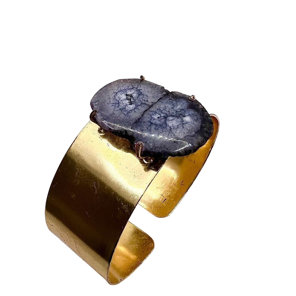 Agate slice stone handmade artisan gold tone adjustable wide cuff bracelet